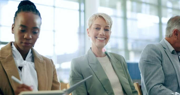 Face, recruitment and business people in waiting room for job interview, opportunity and diversity in hr, line or queue. We are hiring, senior woman and portrait with cv or resume for human resources