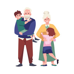 Grandparents hugging with their grandchildren, flat vector illustration isolated on white background.