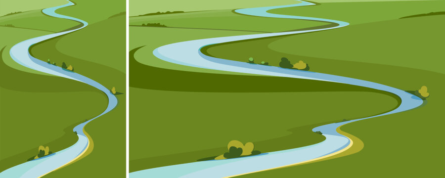 Landscape with river and green meadows. Natural scenery in different formats.