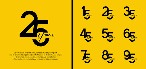 set of anniversary logo black color number on yellow background for celebration