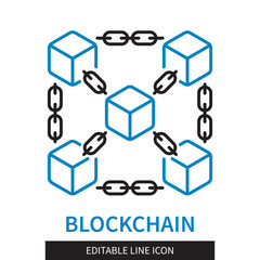 Editable line Blockchain outline icon. Blocks connected by chains. Editable stroke icon isolated on white background