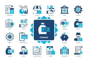 Finance icon set. Securities, Insurance, Stock Exchange, Business, Piggy Bank, Accounting, Investment. Duotone color solid icons
