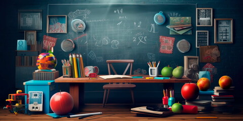 back to school theme, featuring a chalkboard background adorned with educational icons and symbols. Generative Ai