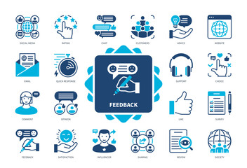 Feedback icon set. Influencer, Social Media, Rating, Support, Survey, Email, Opinion, Quick Response. Duotone color solid icons