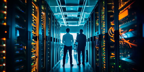 A modern data center with racks of servers, cooling systems, and technicians managing the digital infrastructure that powers our interconnected world. Generative AI