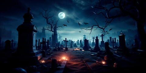 spooky graveyard at midnight, with tombstones, bats, and a full moon casting an eerie glow. Generative Ai