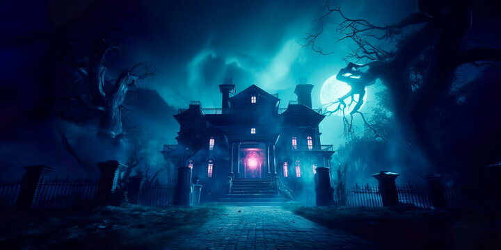 haunted mansion with ghostly apparitions, creaking doors, and flickering candlelight. Generative Ai