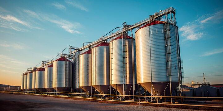 Large storage tanks and silos used for storing raw materials in an industrial facility. Generative Ai