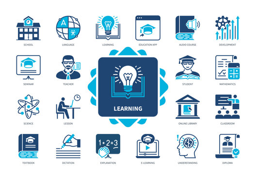 Learning icon set. School, Lesson, Knowledge, Library, Student, Classroom, Teacher. Duotone color solid icons