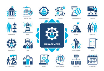 Management icon set. Goal Settings, Mission, Time Management, Leadership, Project, Training, Government, Organization. Duotone color solid icons