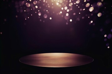 ダーク紫背景に金色の丸いボケライトと円柱の展示台があるテンプレート。AI生成画像