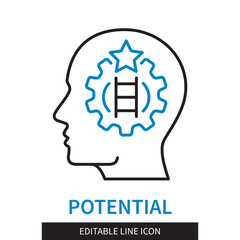 Editable line Potential outline icon. Ladder, gear and star inside the human head. Editable stroke icon isolated on white background