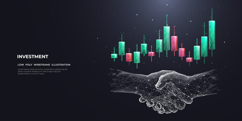 Abstract handshake and colored stock market candlestick. Trading and investment concept. Digital growing graph chart. Low Poly wireframe vector illustration on dark background. Best deal symbol