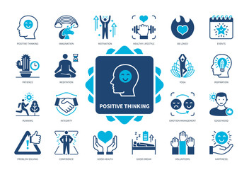 Positive thinking icon set. Emotion Management, Healthy Lifestyle, Confidence, Imagination, Good Dream, Yoga, Meditation. Duotone color solid icons