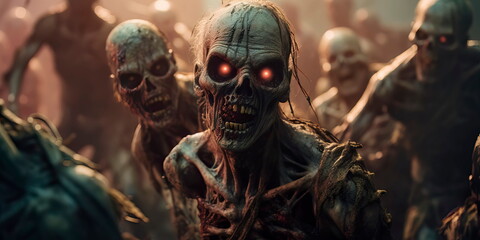 Apocalypse fantasy scene hroup of zombie walking. Halloween concept Generative AI - obrazy, fototapety, plakaty