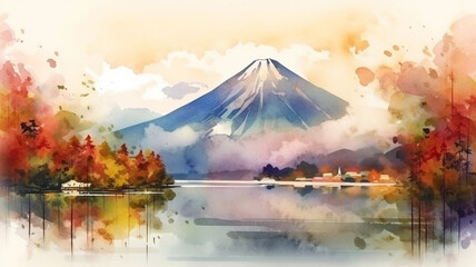 beautiful Mt.Fuji with colorful tree and lake in autumn in Japan in watercolor. illustration,...