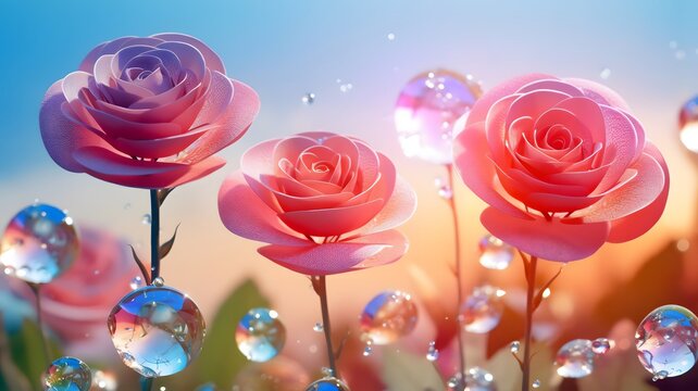 Background beautiful roses flower beutiful sky with bubbles roses illustration