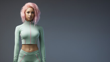 Androgynie Model weiblich mit pinken Haaren und enganliegenden pastell Farbenen Sportoutfit Porträt, ai generativ - obrazy, fototapety, plakaty
