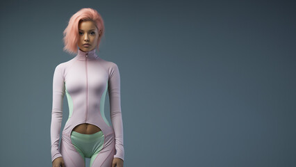 Androgynie Model weiblich mit pinken Haaren und enganliegenden pastell Farbenen Sportoutfit Porträt, ai generativ