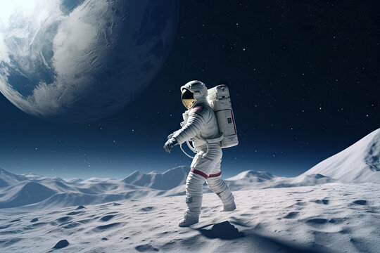 Astronaut walking, dancing, and jumping on moon floor with universe galaxy stars background,  explore the universe, science astronomy concept, cosmic fiction, with Generative Ai.