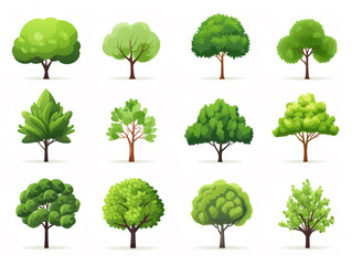 collection set of twelve green trees isolated on white background. illustration, generative ai.