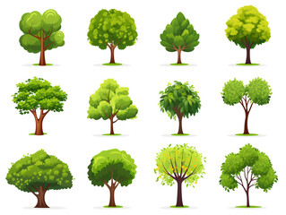 Fototapeta premium collection set of twelve green trees isolated on white background. illustration, generative ai.