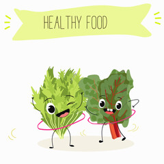 Illustration with funny cartoon characters chard
mitsuna, salad, vegetable. Funny and healthy food. Vitamins, cute face food, ingredients, vegetarian, vector cartoon.