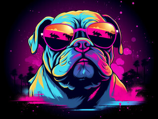 painting of english bulldog and headphone by pink and blue and orange lighting, neon, illustration, generative ai