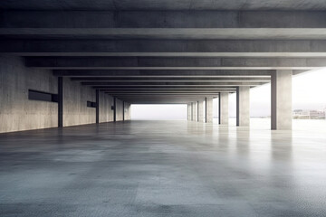Modern concrete architecture building, exterior floor and roof, zone of car park, construction building, with empty space in clean design, with Generative Ai.