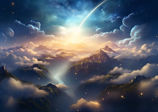 Fantasievolle Berge unter einem magischen Himmel