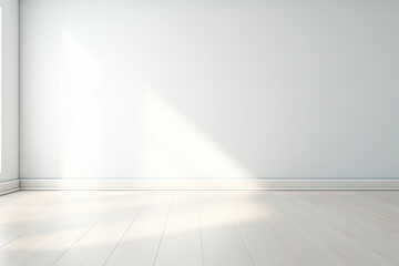 Minimal interior empty room with blank wall and floor with natural sun light cast shadow of window, cozy tone style background, copy space for mock-up, with Generative Ai.