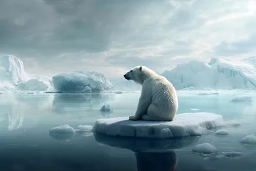 Foto op Canvas White polar bear sitting on melting ice floe glacier at arctic sea that facing to Global Warming situation, save the world form pollution concept, climate change, with Generative Ai. © TANATPON
