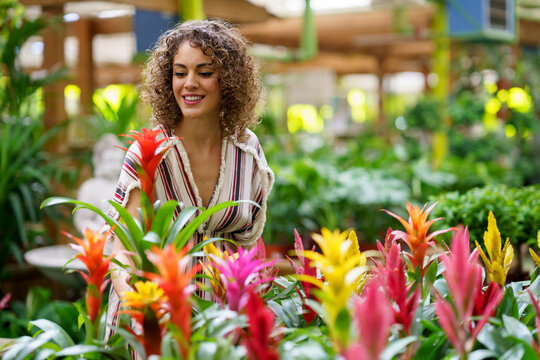 Smiling woman choosing colorful flowers at nursery