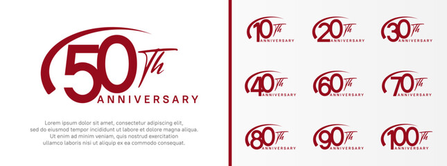 set of anniversary logo red color number and swoosh on white background for celebration