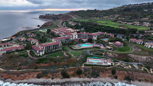 Aerial view around the Terranea luxury resort, cloudy evening in Rancho Palos Verdes, USA