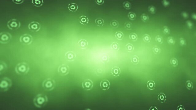 Dark green nature blurred light with recycle signs rotation. Conceptual green clean environment copy space background. Seamless looping.