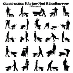 Construction worker and wheelbarrow silhouette vector illustration set