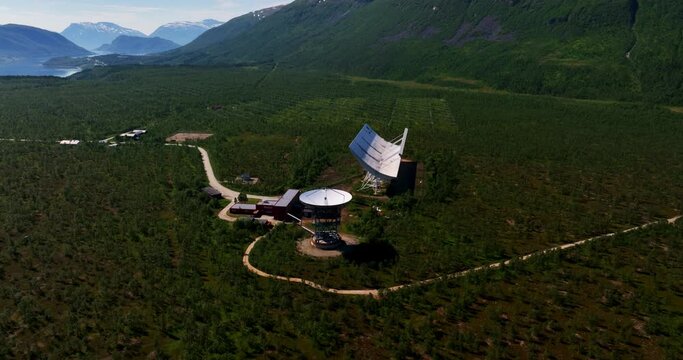 Flying around space receivers at the EISCAT Troms station, in Norway - Aerial view