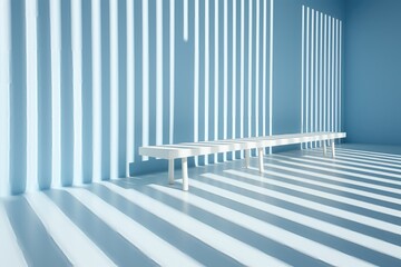 A white bench standing in a sky blue room while the radiant sunlight streams through the windows. Photorealistic illustration