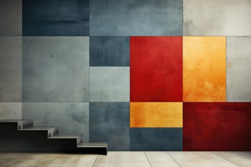 A concrete wall adorned with geometric shapes and primary colors, reminiscent of Mondrian's iconic art style. Photorealistic illustration