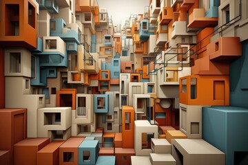 An abstract 3D space with colorful cubes in a complex and chaotic arrangement, creating an intriguing visual experience. Photorealistic illustration