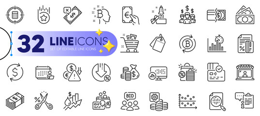 Outline set of Report timer, Auction and Inspect line icons for web with Card, Rejected payment, Dollar exchange thin icon. Salary employees, Refresh bitcoin, Accounting pictogram icon. Vector