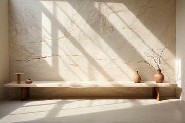 A sunlit marble wall highlighting a vase and objects artfully arranged on a long bench, exuding sophistication. Photorealistic illustration