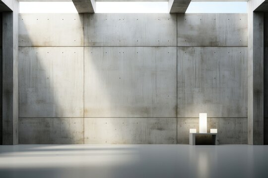 An abstract space featuring concrete wall with the presence of a single lamp, creating an intriguing mix of modernity and simplicity. Photorealistic illustration