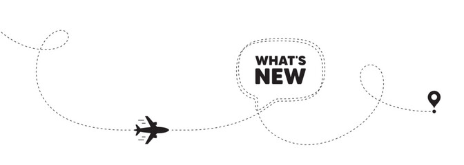 Whats new tag. Plane travel path line banner. Special offer sign. New arrivals symbol. Whats new speech bubble message. Plane location route. Dashed line. Vector