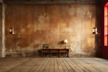 Fototapeta na wymiar A background image portraying a nostalgic atmosphere, with an old sunlit concrete room, featuring a wood floor. Photorealistic illustration