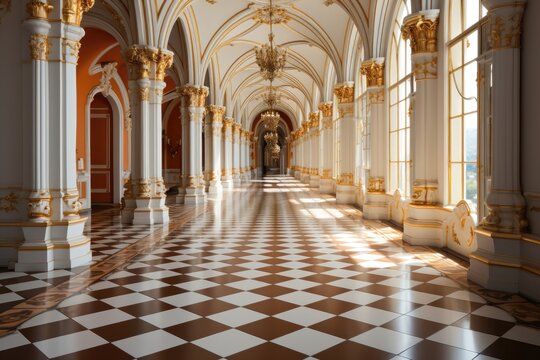 An opulent sunlit hallway exuding luxury, with its white European-style interior adorned with intricate gold decorations. Photorealistic illustration