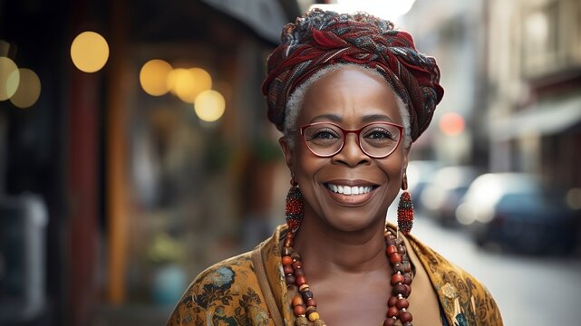 Happy African American Senior Woman Smiling On Camera Outdoor At The Street Location