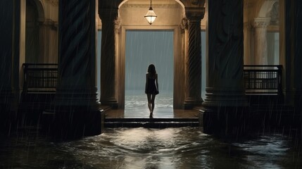 浸水した家と女性,Generative AI AI画像