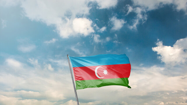 mavi g&ouml;k y&uuml;z&uuml; arka planında azerbaycan bayrağı Translation: flag of azerbaijan on blue sky background